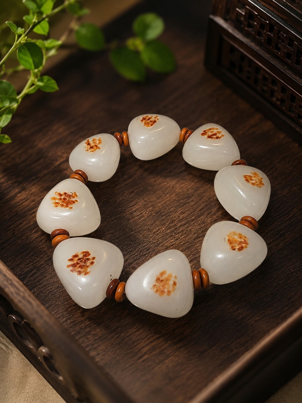 Chinese White Nephrite Jade Pebble Bracelet - Russet Skin